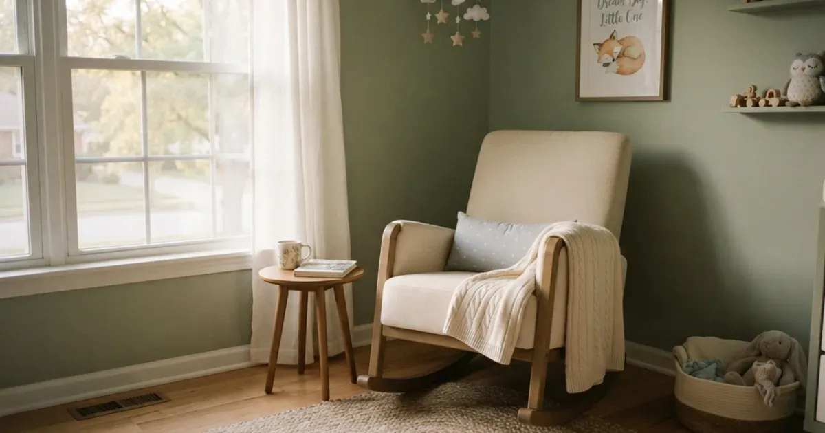 A quiet nursery corner with a rocking chair and soft morning light