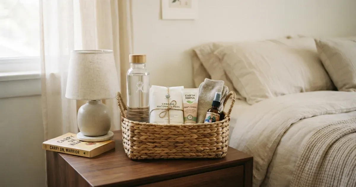 A simple basket of postpartum recovery essentials on a bedside table