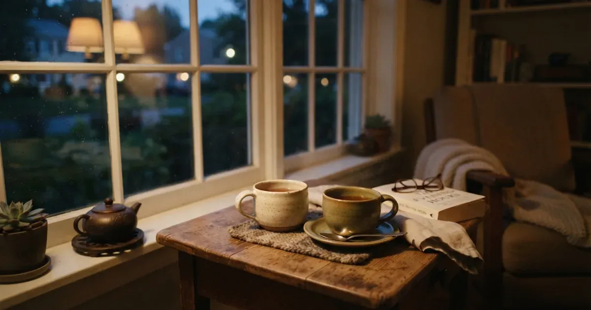 Two cups of tea on a small table beside a softly lit window