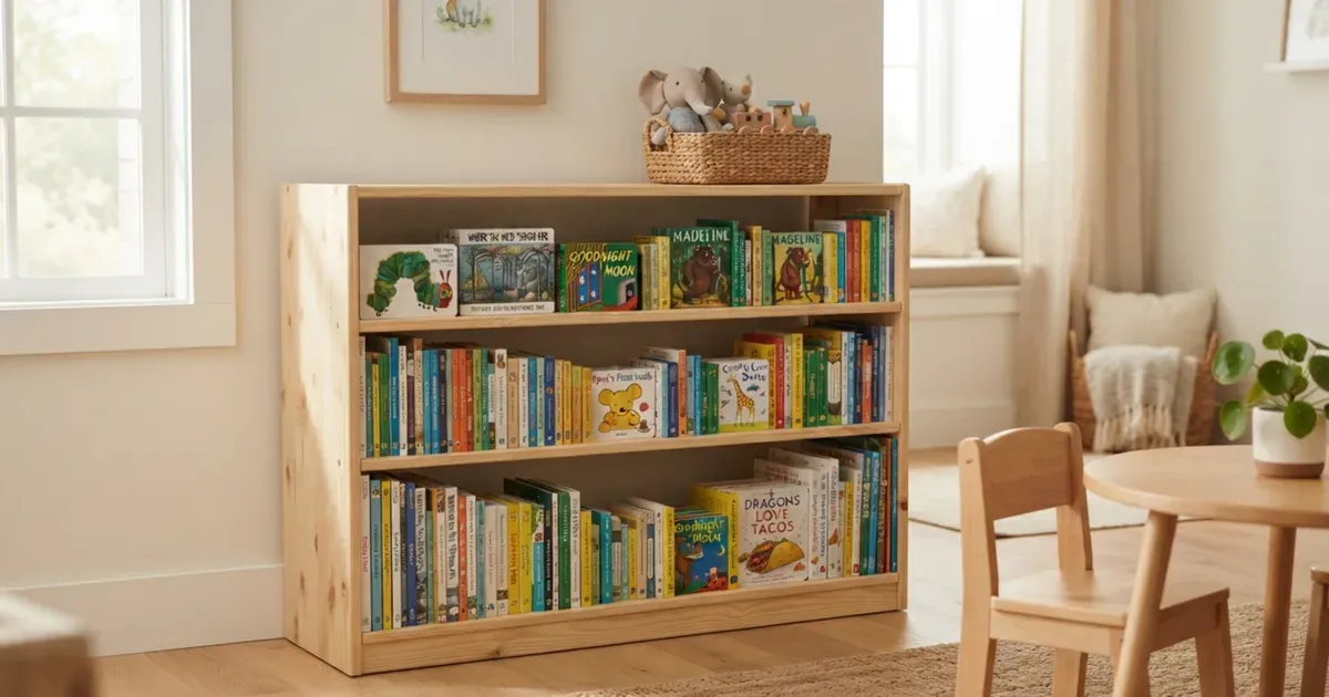 A tidy bookshelf with children's books arranged neatly by size