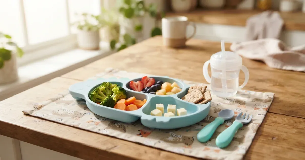 A colorful toddler plate with small portions of vegetables and fruit