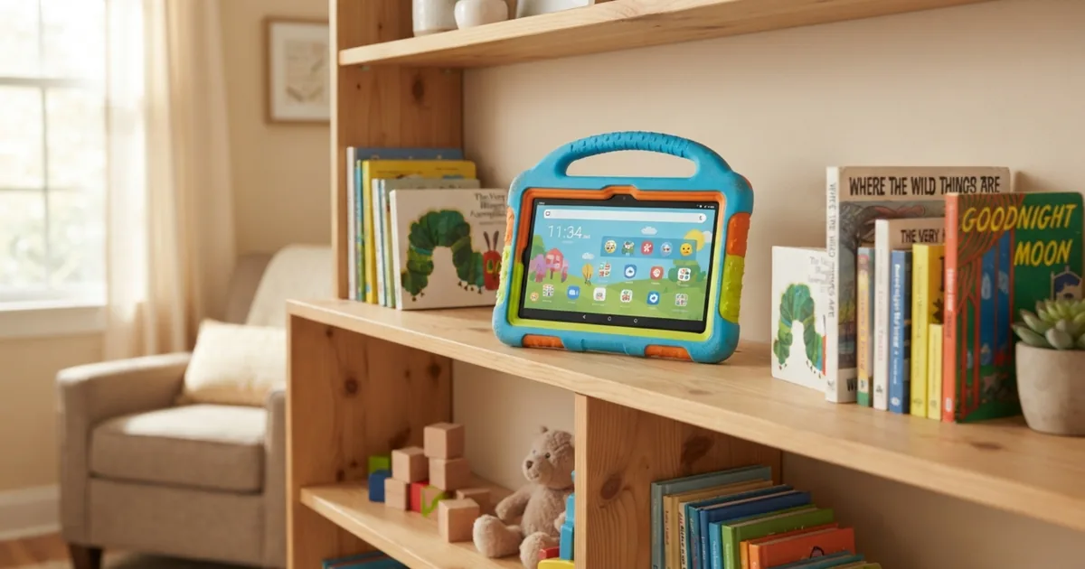 A tablet in a protective case on a shelf out of a toddler's reach