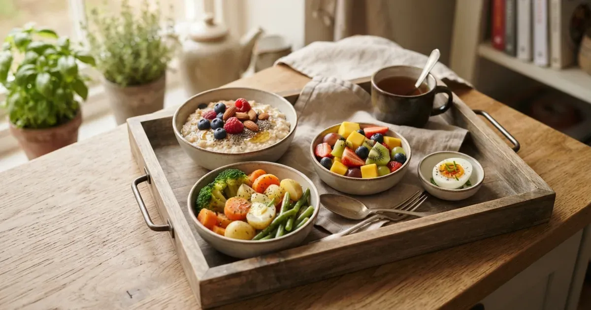 Small bowls of porridge, boiled vegetables, and fruit arranged on a wooden tray