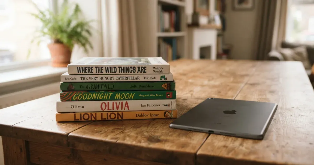 A tablet resting screen-down beside a stack of children's books