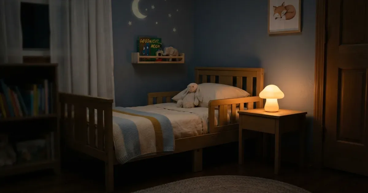 A soft nightlight glowing gently beside a toddler-sized bed