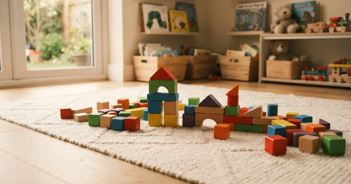 Wooden building blocks stacked on a soft playroom rug