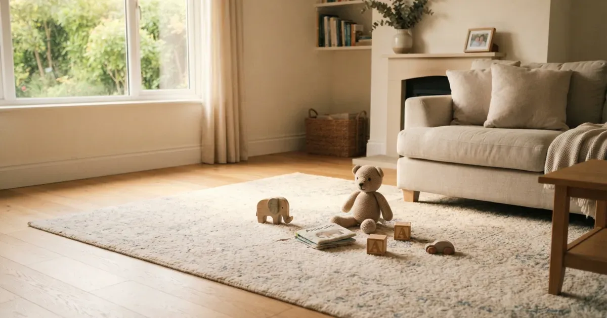 A soft area rug with a few scattered toys in a calm living room