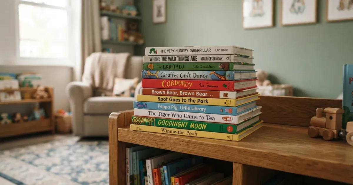 A stack of colorful picture books on a child's low bookshelf