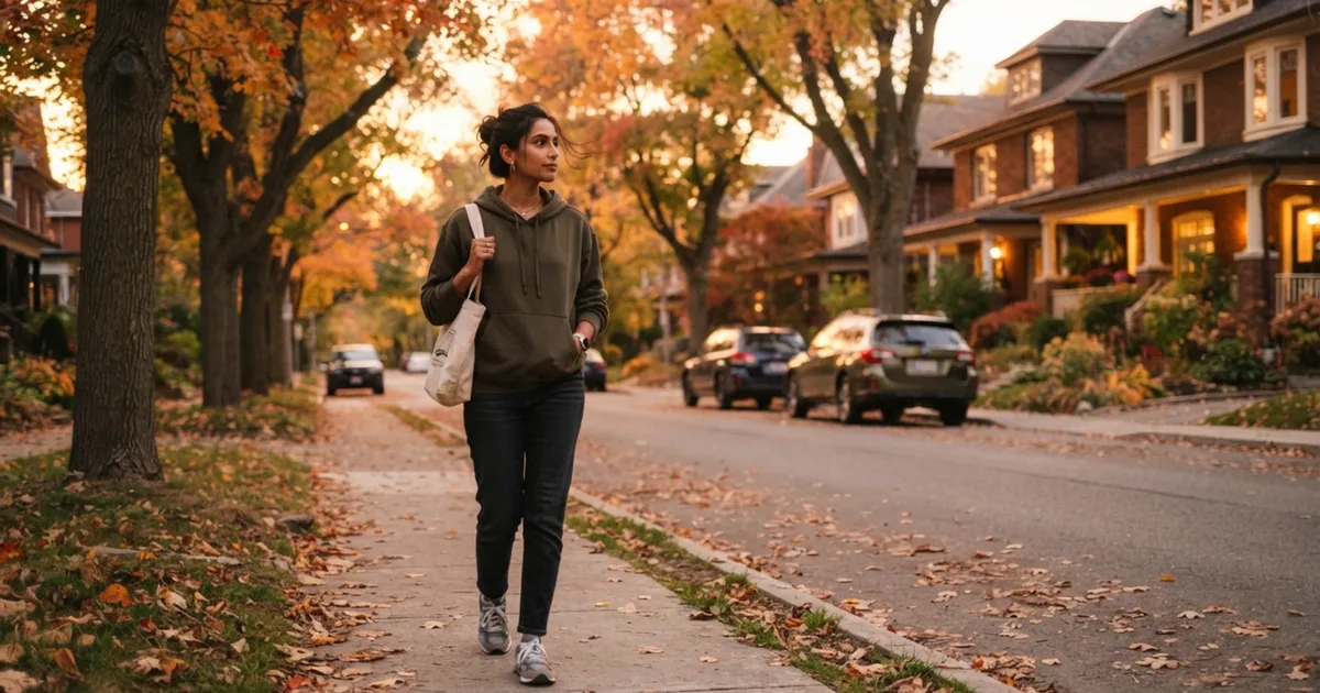 A calm evening walk along a tree-lined path, warm evening light