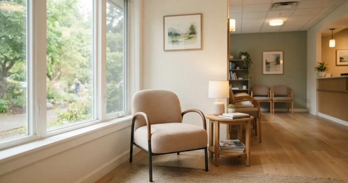 An empty waiting room chair beside a window in a medical office