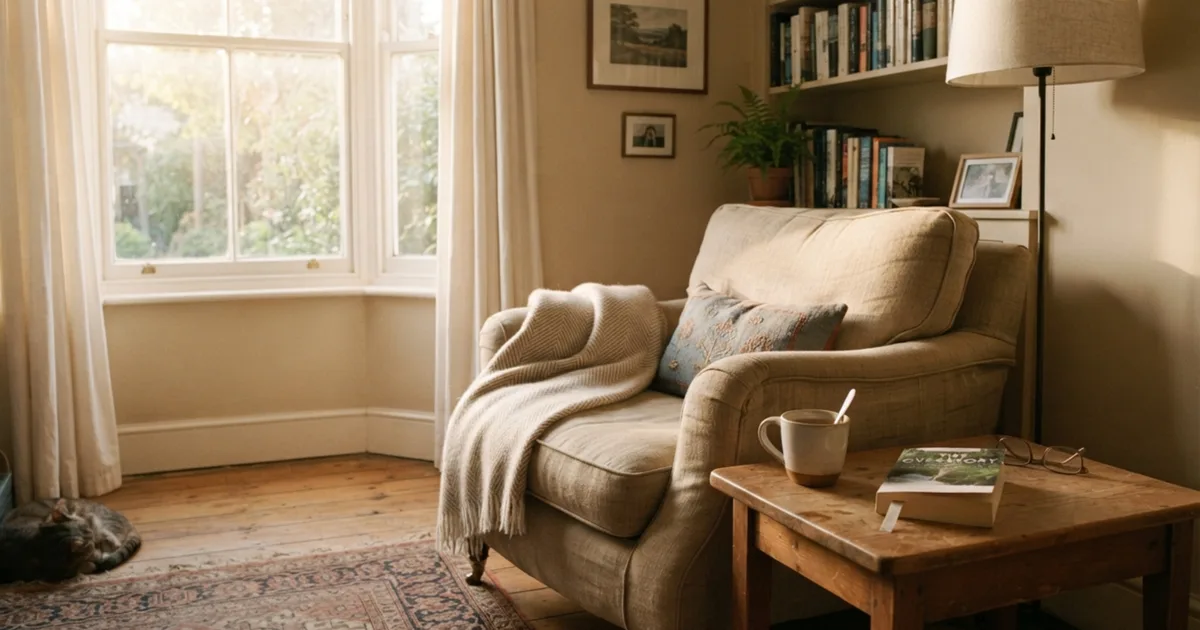A cozy living room reading corner with a cat resting nearby