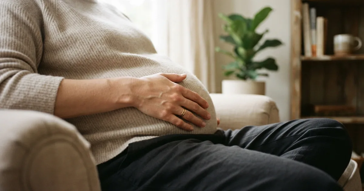 A close-up of a hand resting on a small, visible baby bump