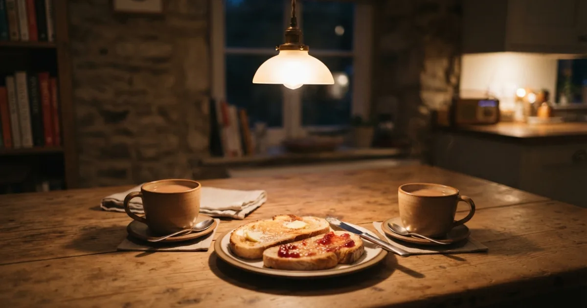 Two cups of tea and a plate of toast on a rustic table under warm lamp light