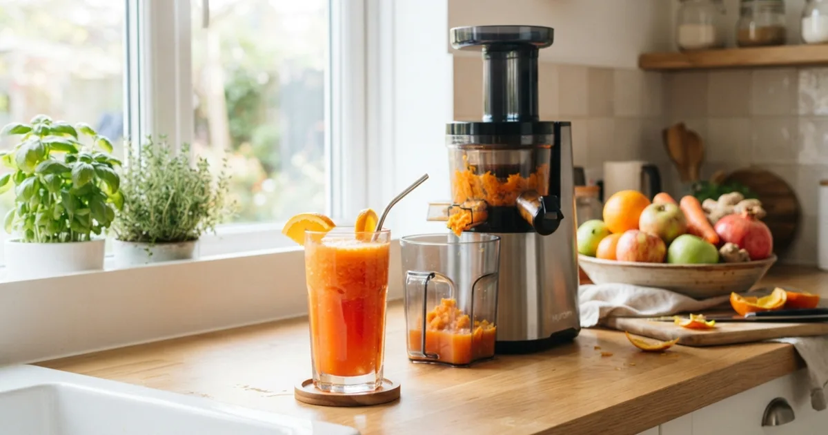 A glass of fresh carrot and orange juice beside a juicer and a bowl of fruit