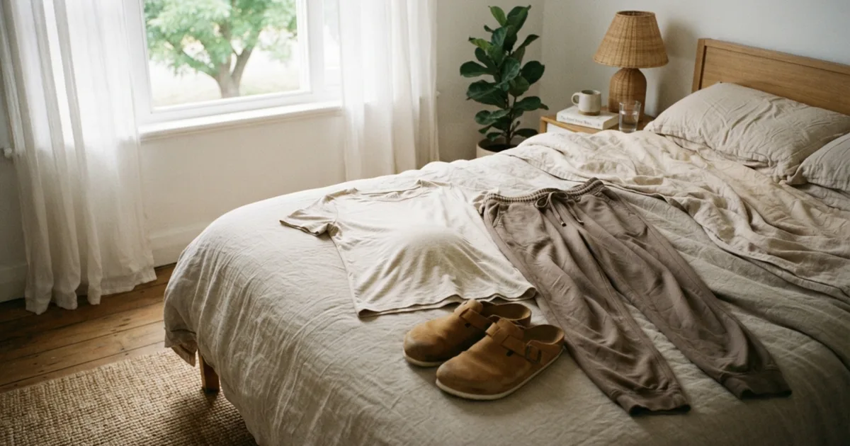 Loose clothing and slip-on shoes laid out on a bed