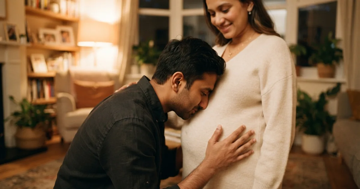 A partner leaning close to a pregnant belly in a warm living room