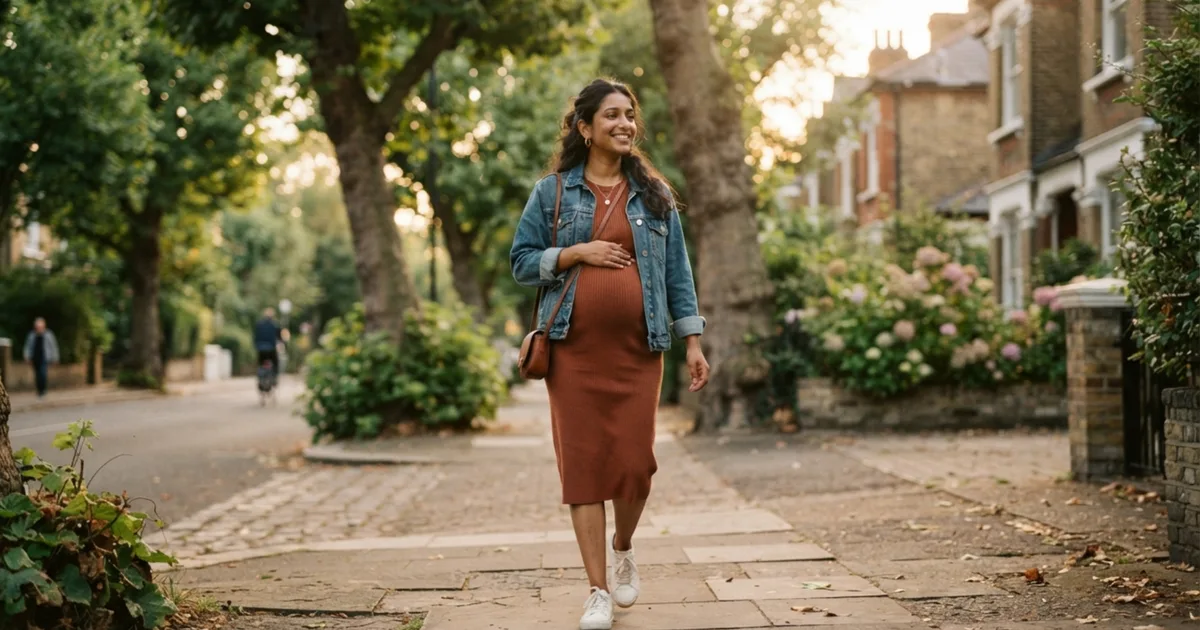 A pregnant woman smiling while walking along a tree-lined street