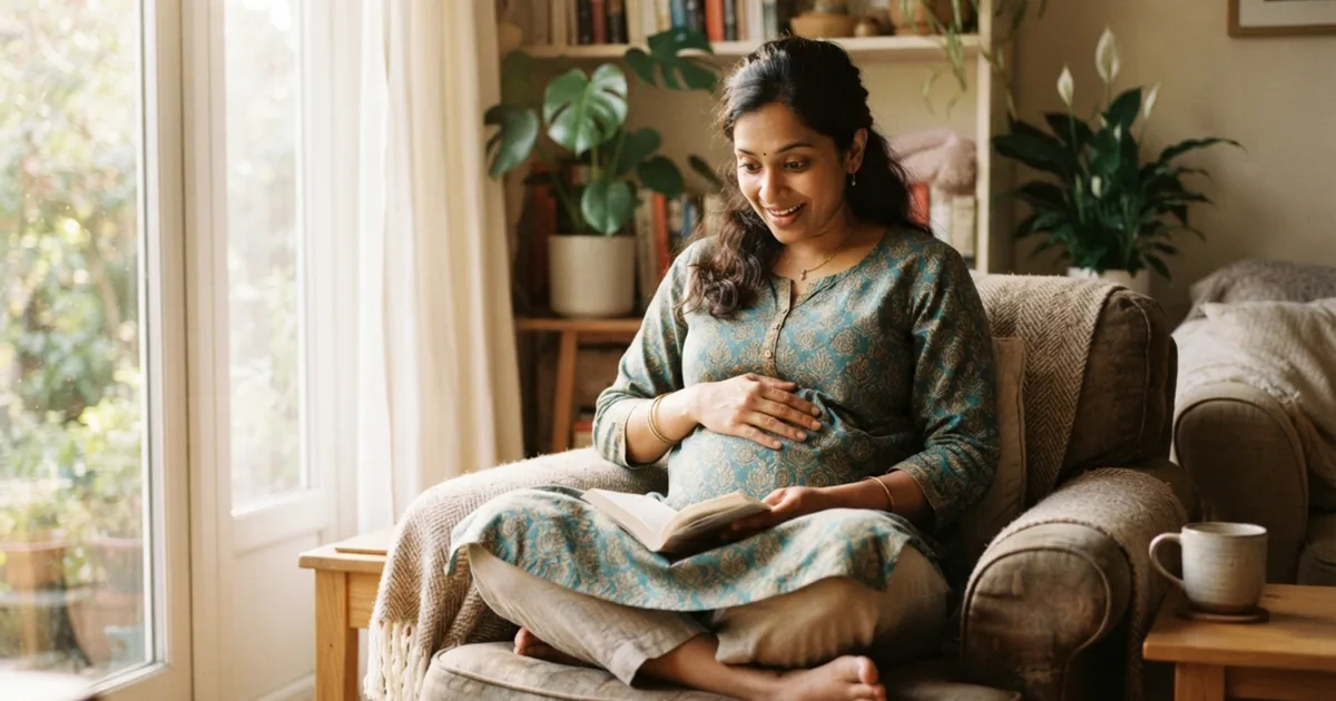 A pregnant woman reading a book in an armchair, hand resting on her belly