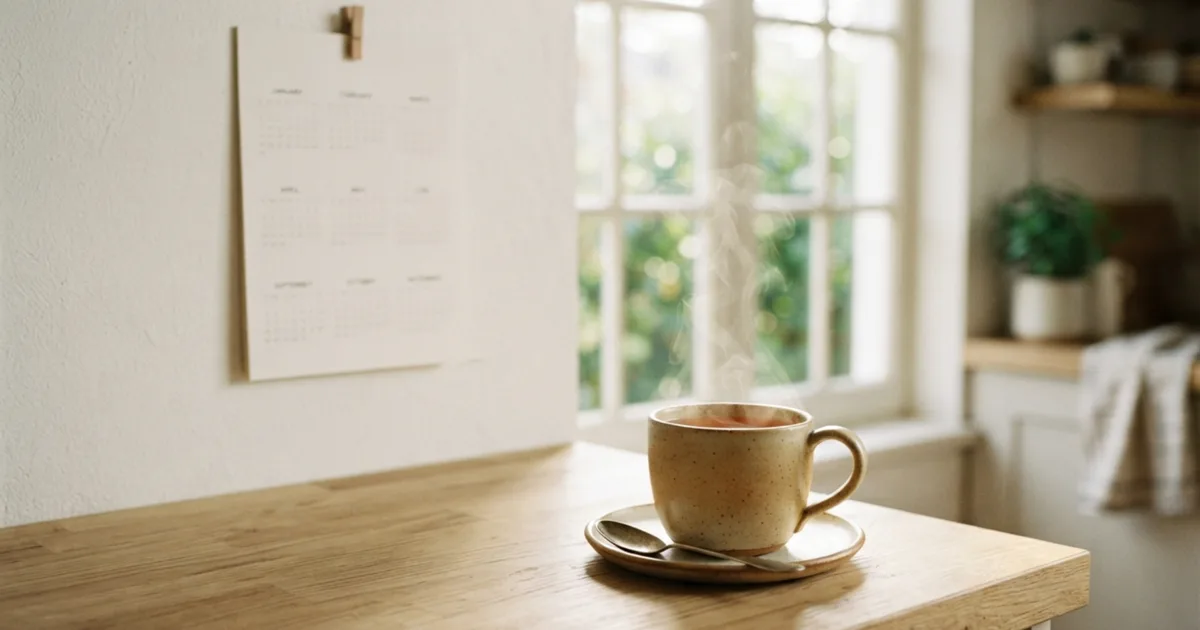 A spiral calendar with a date circled on a kitchen counter, beside a cup of tea