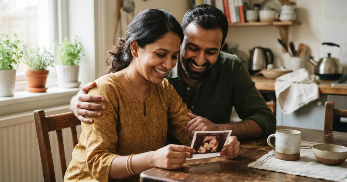 A couple smiling together while looking at a printed ultrasound photo