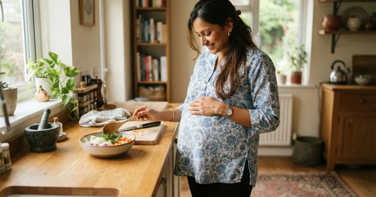 A pregnant woman cooking in her kitchen, one hand resting on her belly