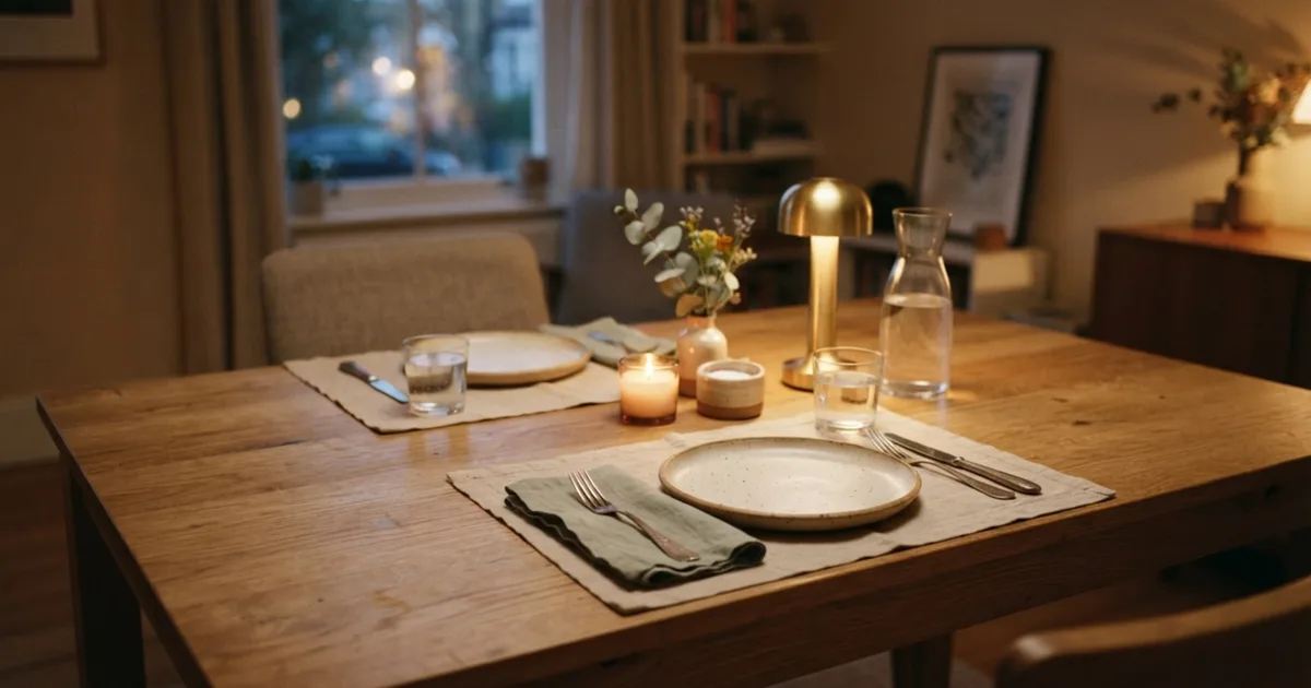 A softly lit dinner table set for two with candles