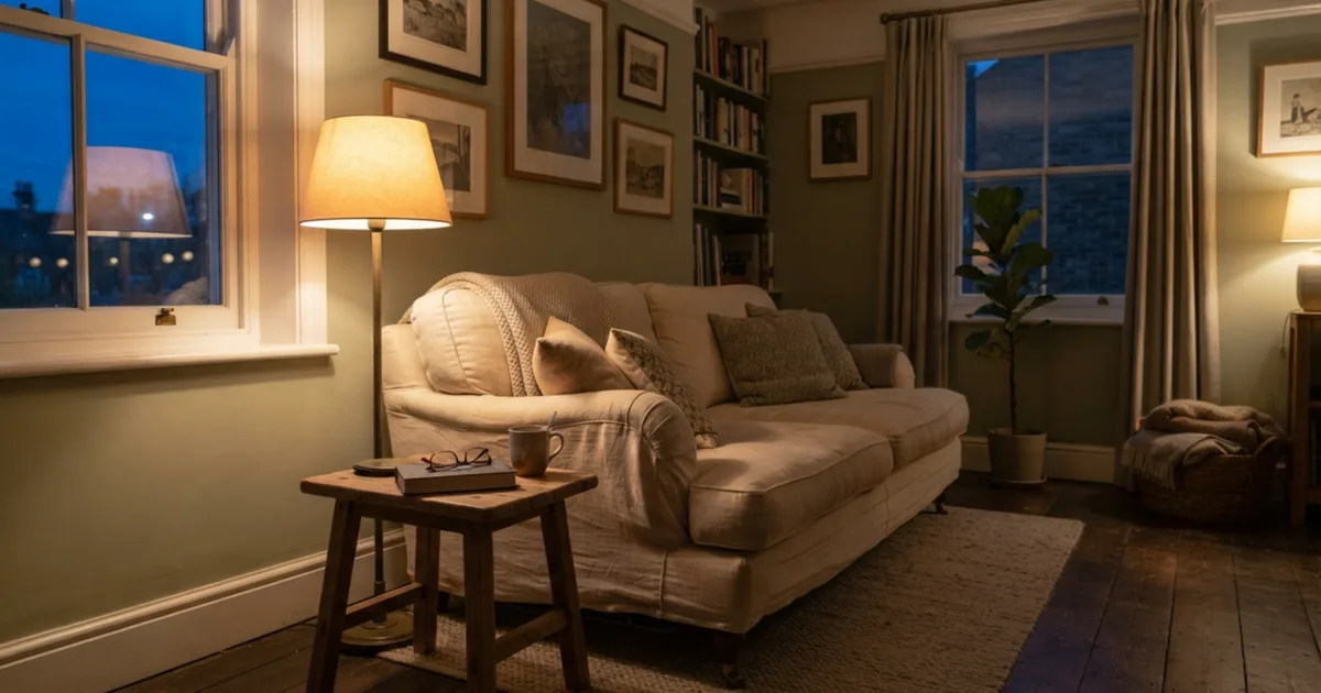 A cozy, softly lit living room in the evening