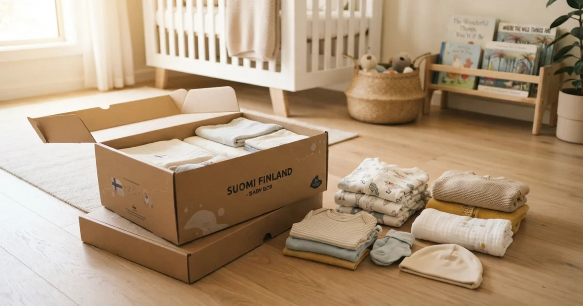 An open Finnish maternity box with folded baby clothes beside a crib