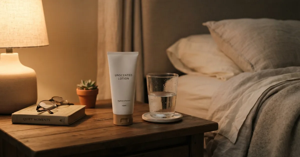 A tube of unscented lotion and a glass of water on a bedside table
