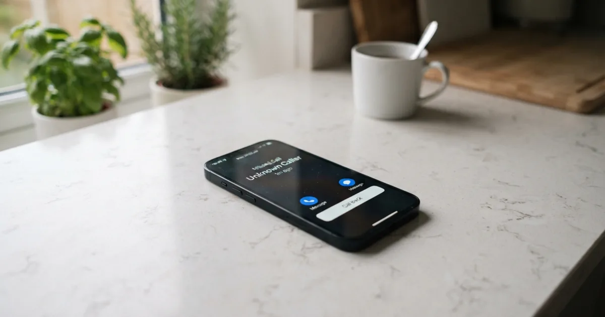 A phone showing a missed call notification on a kitchen counter