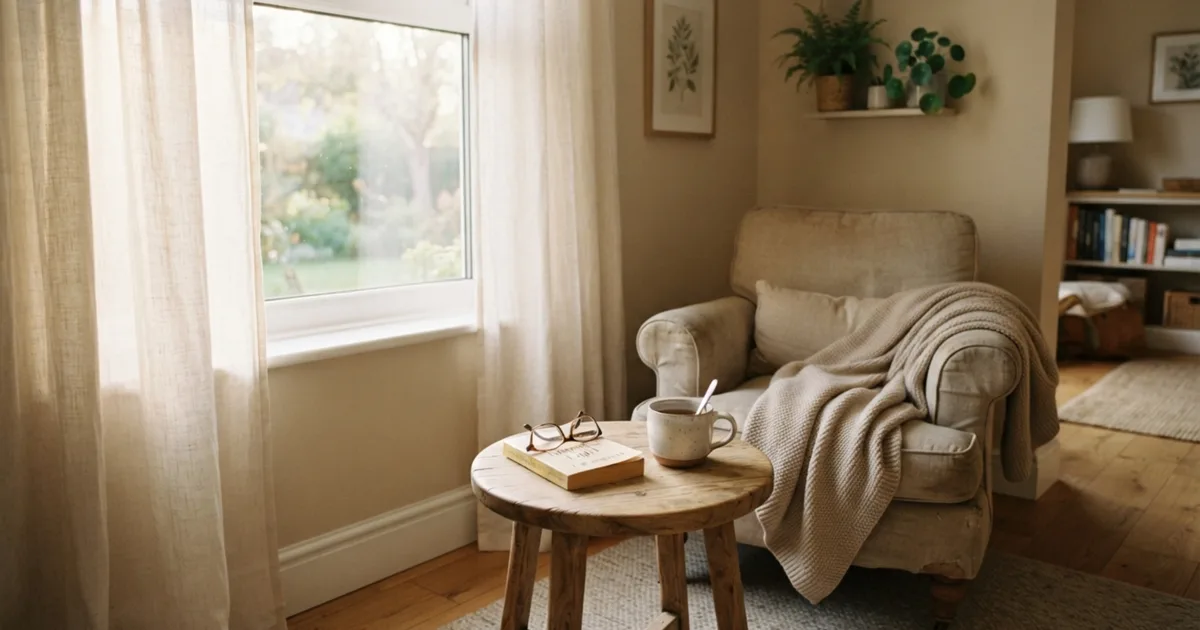 A cozy reading nook with an armchair, a cup of tea, and a book on a side table