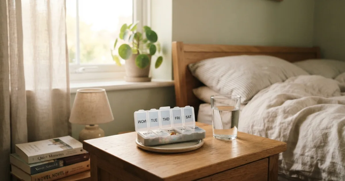 A weekly pill organiser and a glass of water on a bedside table