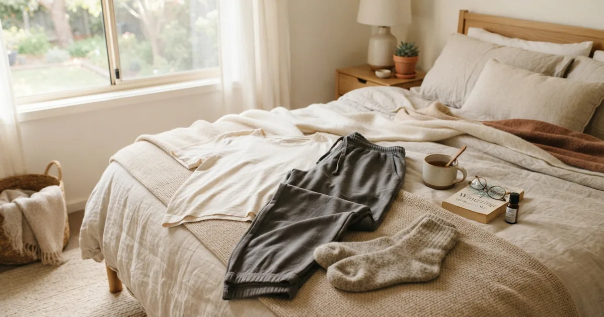 Soft, loose clothing laid out on a made bed