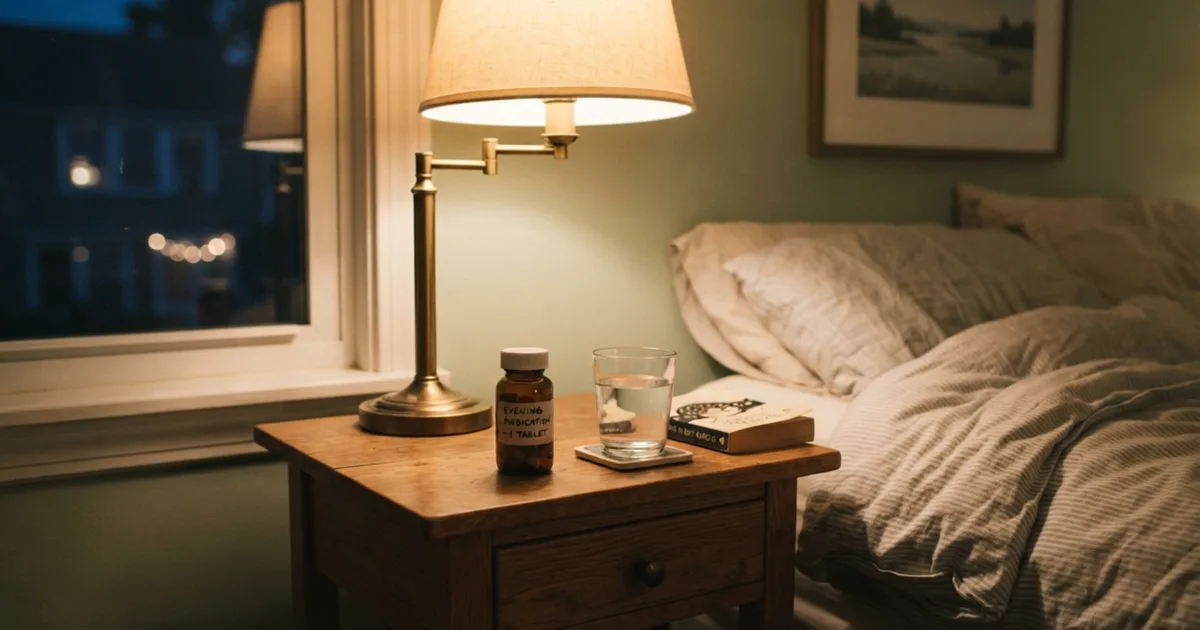 A labelled medication bottle and a glass of water on a nightstand