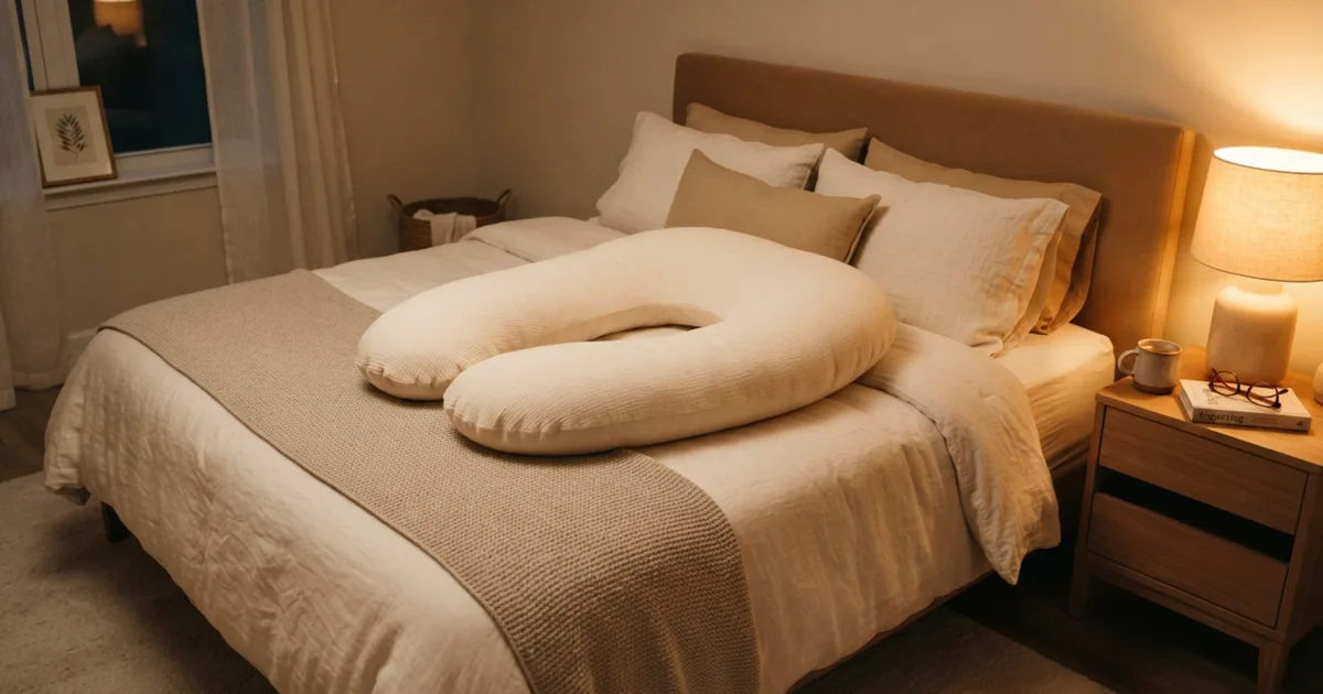 A curved pregnancy support pillow arranged on a bed