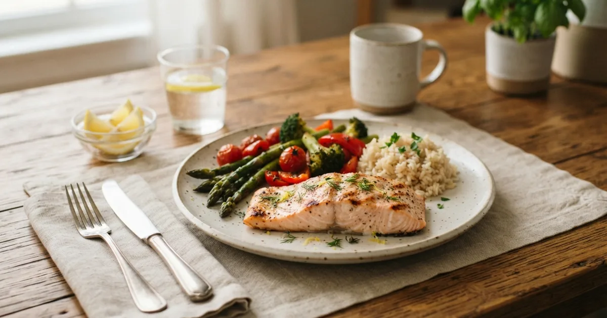 A plated home-cooked meal of salmon, vegetables, and rice