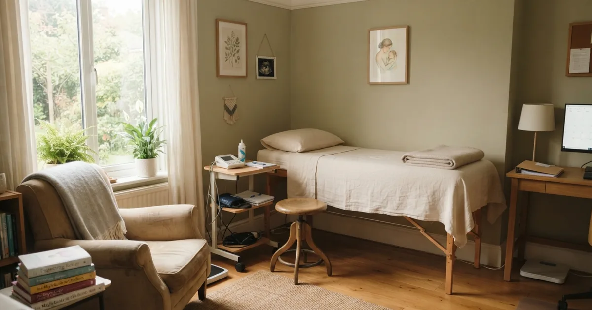 A calm antenatal exam room with a chair and quiet furnishings
