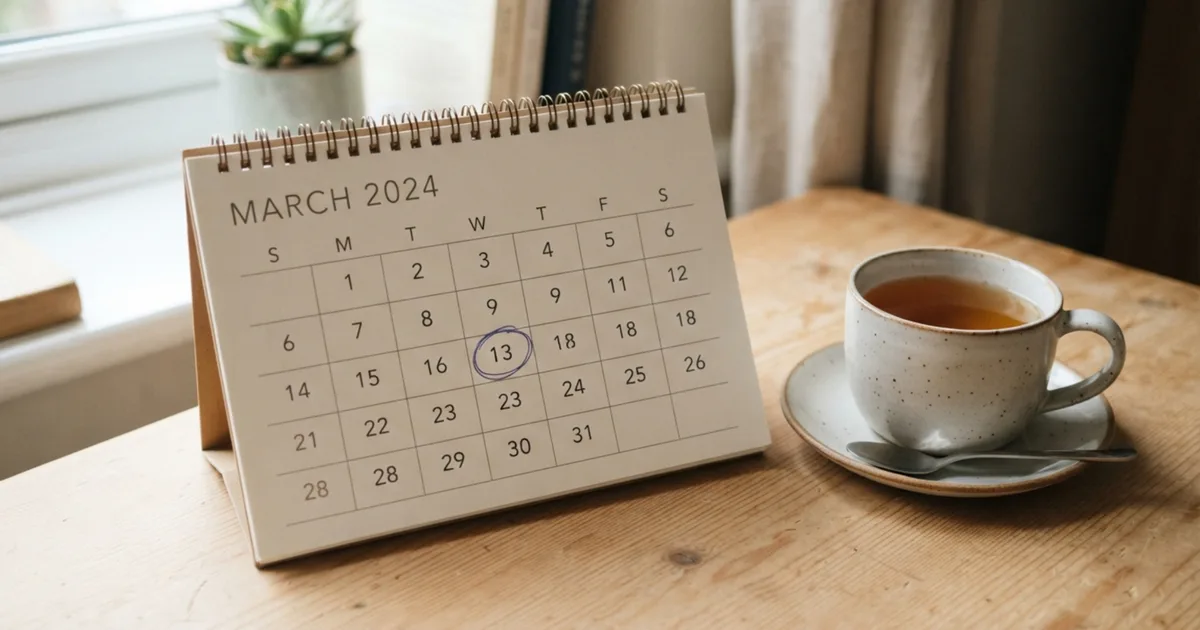 A March calendar with a date circled, beside a cup of tea on a wooden table