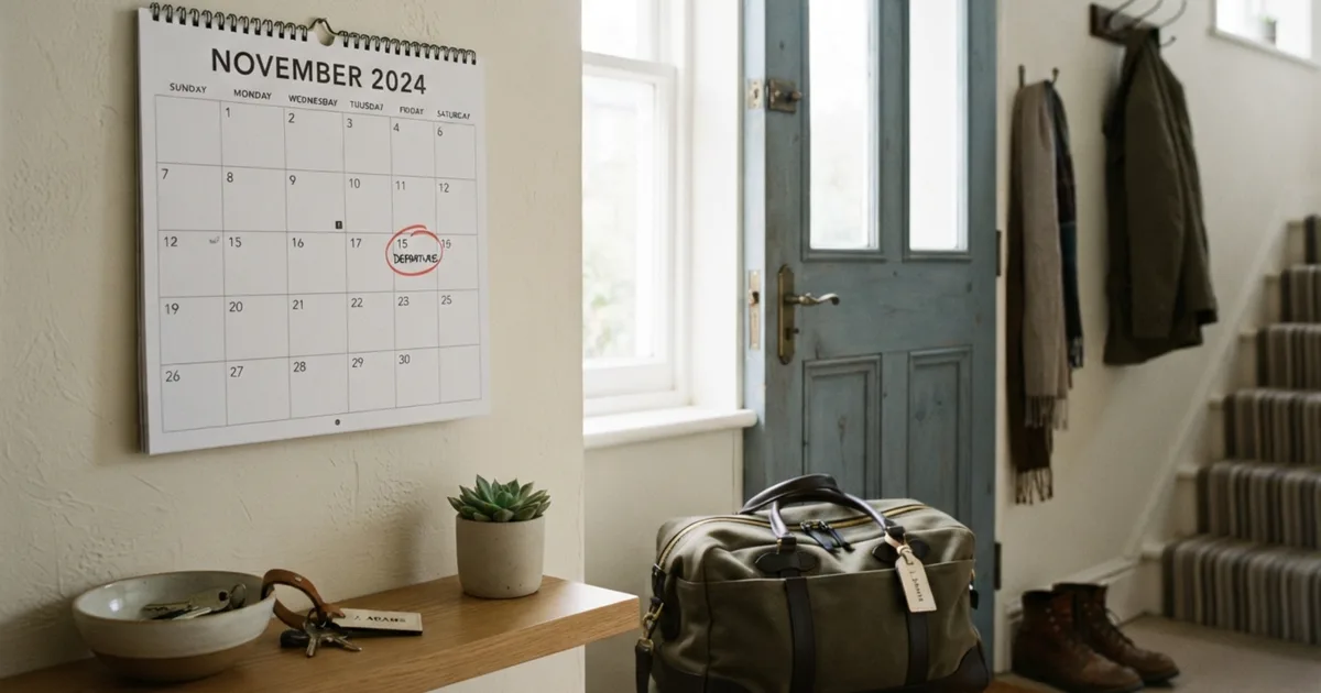 A wall calendar with the due date circled beside a packed bag by the door