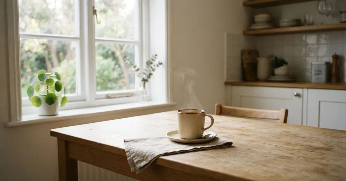 A steaming mug of tea on a rustic kitchen table by a window with plants