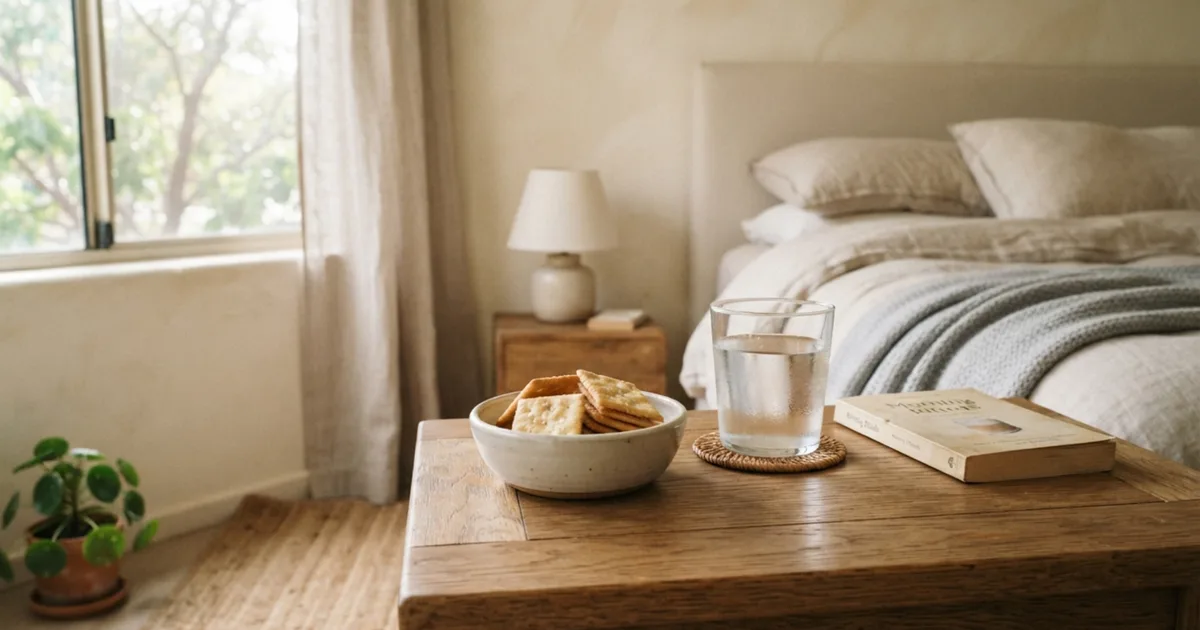 A bowl of crackers and a glass of water on a bedside table