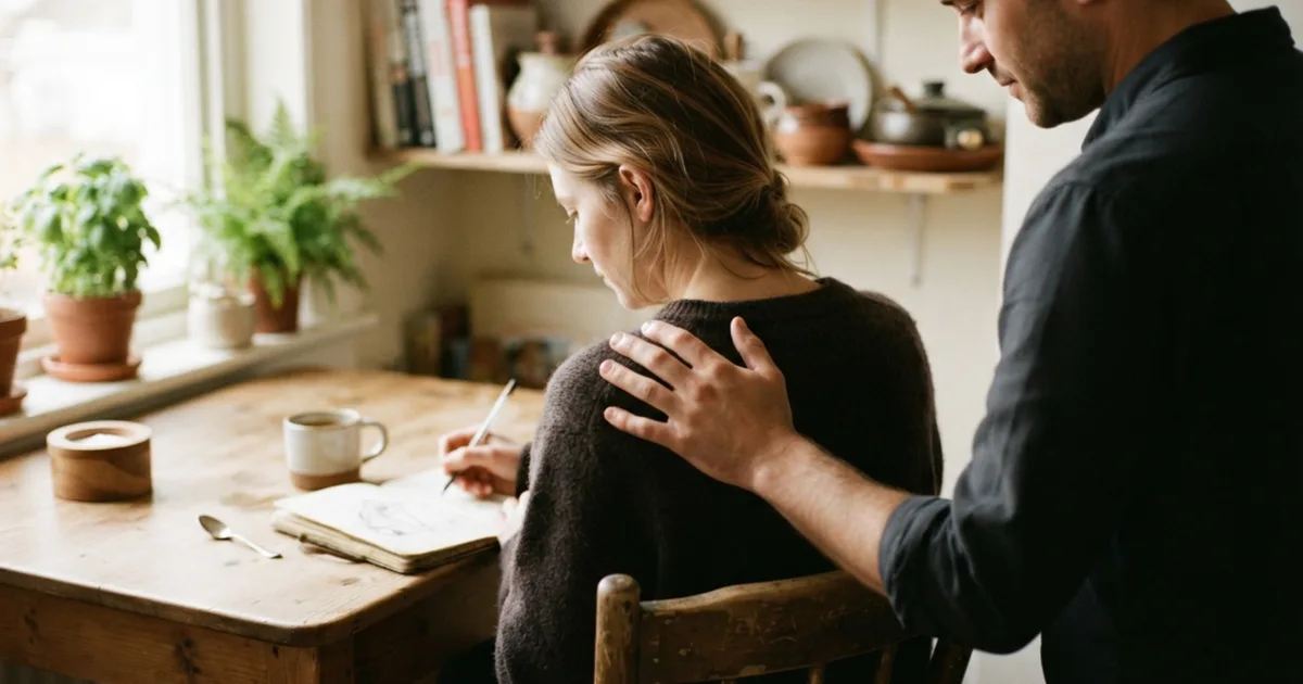 A partner's hand resting on a shoulder while writing in a journal at a kitchen table