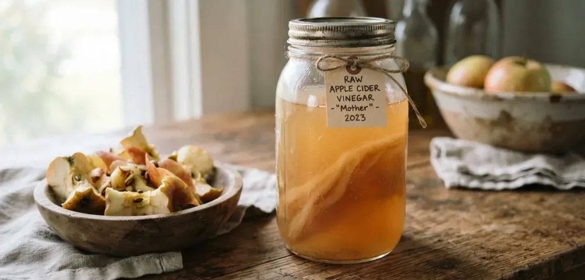A glass jar of homemade apple cider vinegar with the mother visible, apple scraps beside it