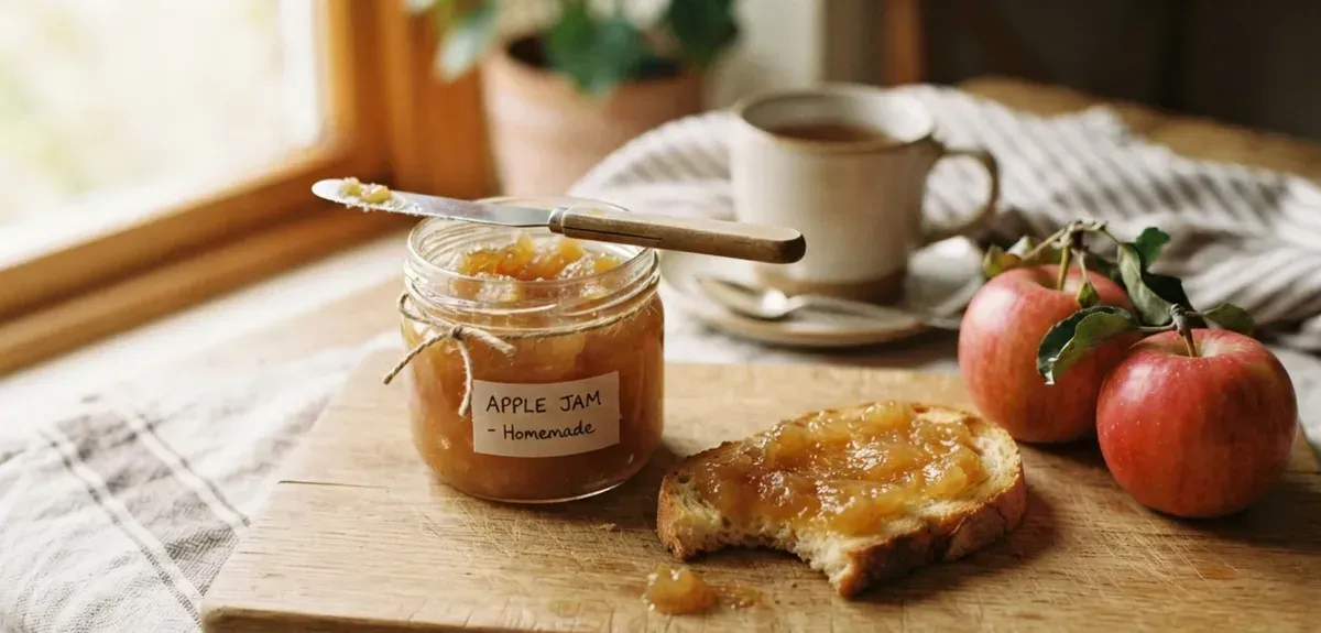 A jar of homemade apple jam with toast and apple slices beside it