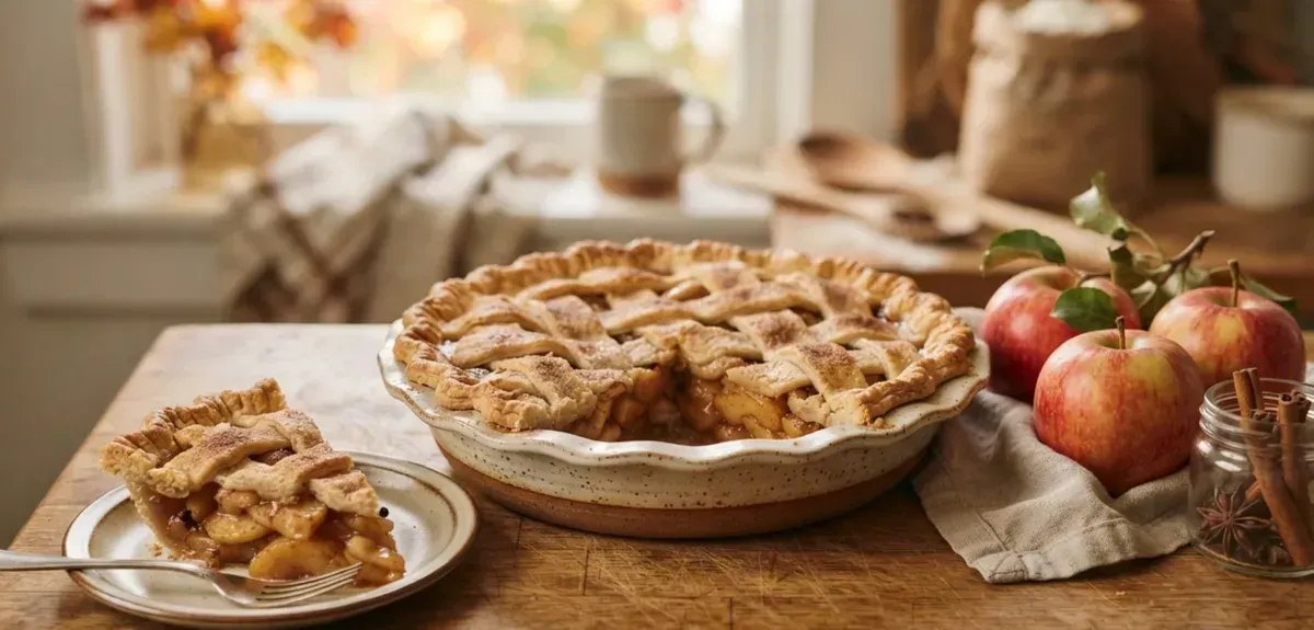 A golden-brown baked apple pie with a lattice crust, cooling on a wire rack