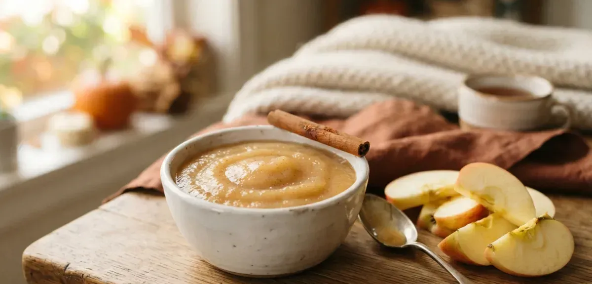 A bowl of chunky homemade apple sauce with a cinnamon stick and apple slices beside it
