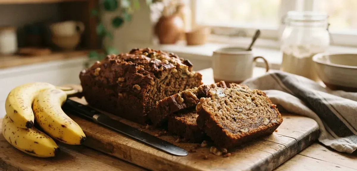 A sliced loaf of banana bread on a wooden board, with overripe bananas beside it