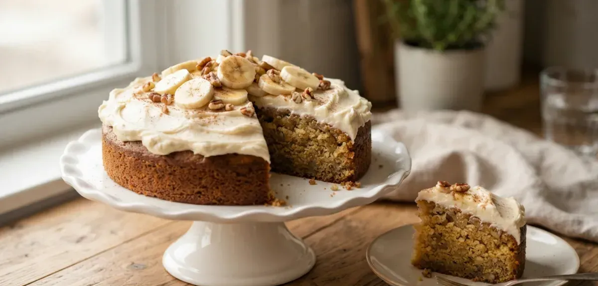 A frosted banana sheet cake sliced into squares on a wooden board