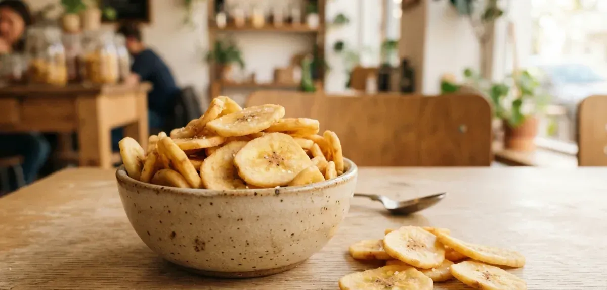 A bowl of crispy homemade baked banana chips