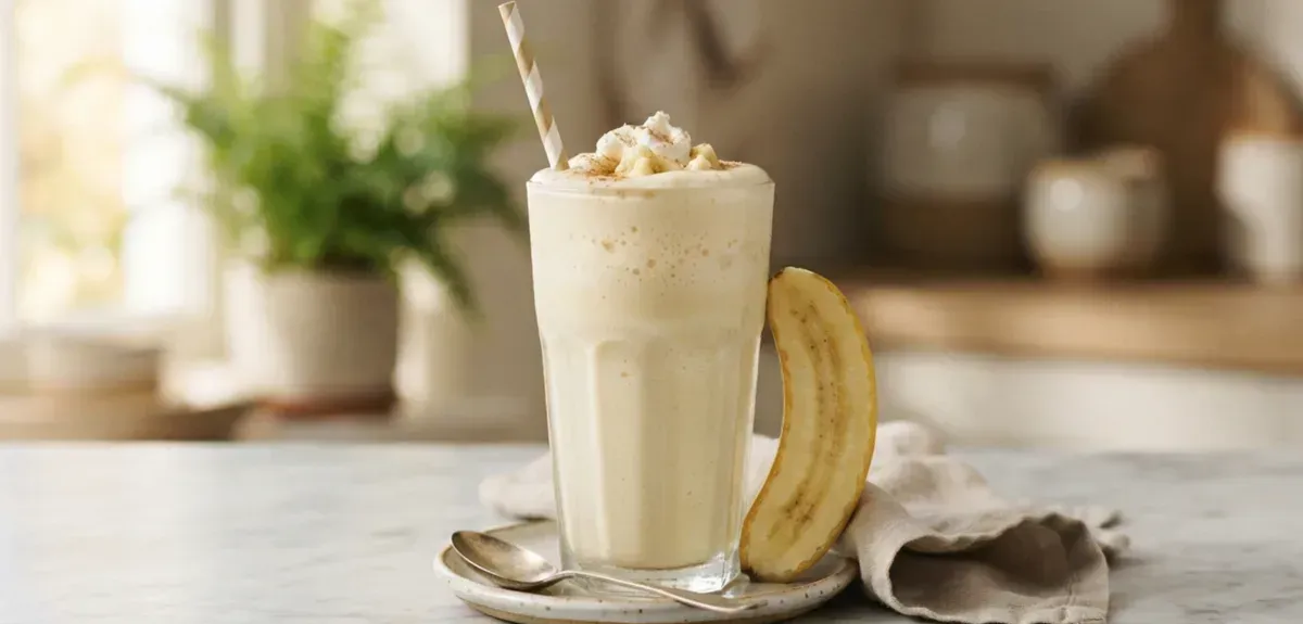 A tall glass of banana milkshake with banana slices and a straw
